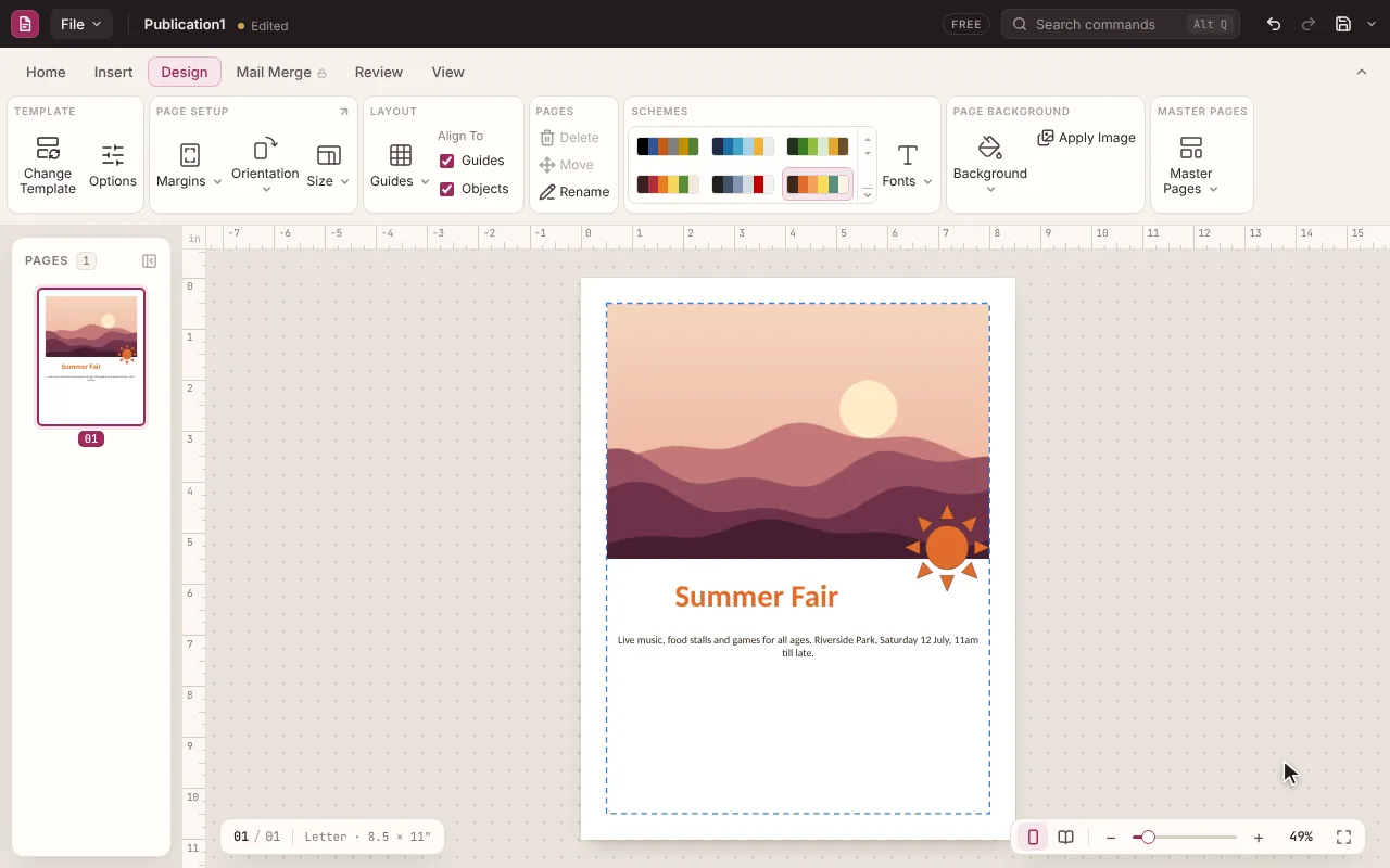 The PubStudio editor with a summer fair flyer on the page