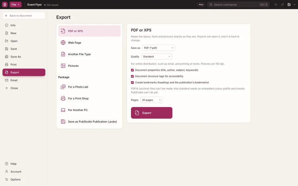 File > Export in PubStudio, with PDF or XPS chosen