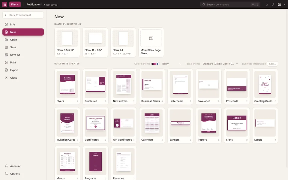 File > New, showing blank page sizes and template categories