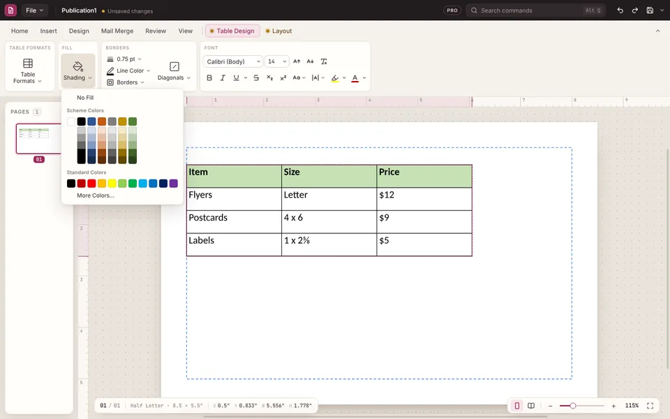 A table with a green header row and the Shading menu open on the Table Design tab