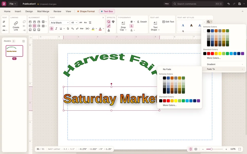 Text Art in an arch, and Text Art fading from red to yellow, with the Text Fill > Fade To menu open