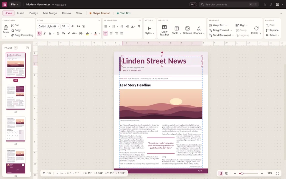 The PubStudio window with a newsletter title selected